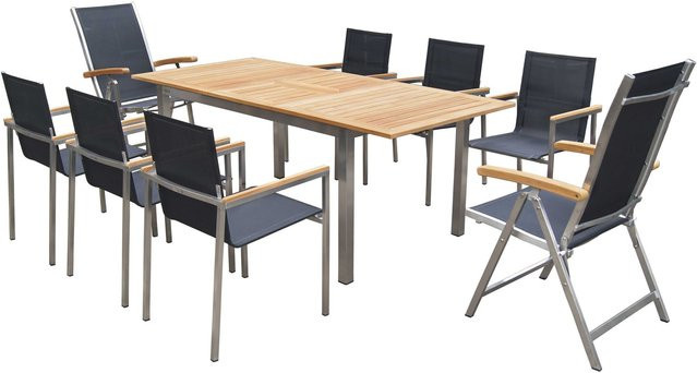 OUTFLEXX Garten-Essgruppe aus Teakholz und Edelstahl in Schwarz mit Ausziehtisch, 6 Stühlen und 2 Klappstühlen, B/T: 150 x 90 cm - Bild 1