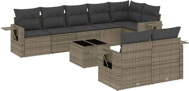 vidaXL 9-teilige Garten-Sofagarnitur in L-Form aus grauem Poly-Rattan mit Kissen und pulverbeschichtetem Stahlgestell - Bild 1