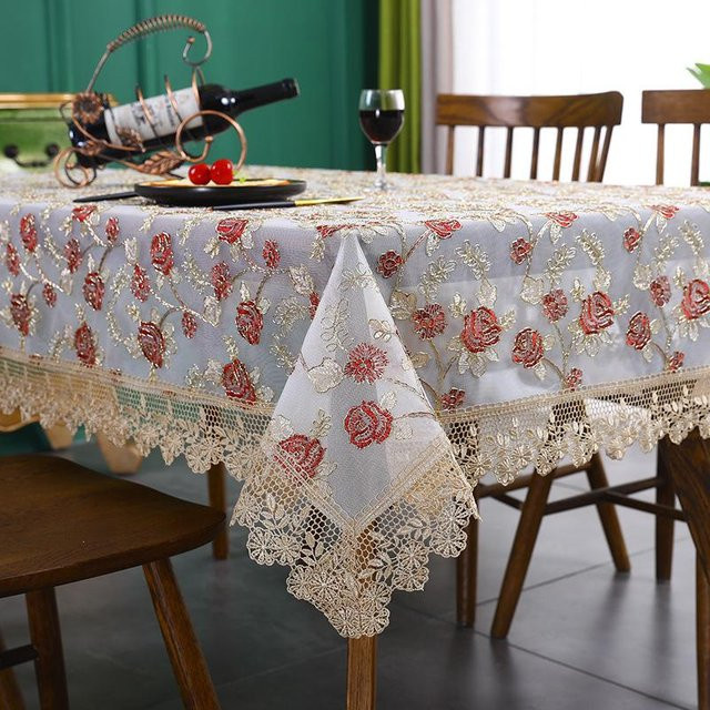 Battilo Rechteckige Tischdecke mit Spitze und floraler Bestickung, Weiß, B/T: 60 x 120 cm - Bild 1