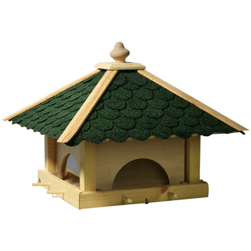 dobar Futterhaus für Wildvögel aus Kiefernholz mit grünen Bitumenschindeln, Anflugstangen und 4 Futterbehältern in Natur/Grün-Beige - Bild 5