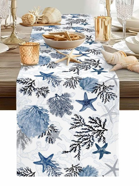 JMG Household Supplies Tischläufer aus Leinen mit nautischem Seestern- und Korallenmuster in Grau und Blau, B/H: 150 x 33 cm - Bild 1