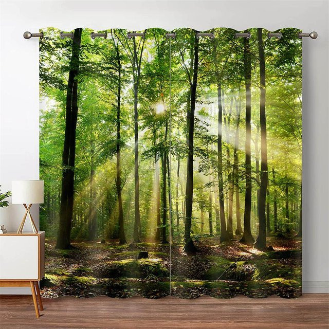 Zweiteiliger 3D-Wald-Verdunkelungsvorhang mit Naturlandschaft und Wasserfall, Mehrfarbig, Breite: 100 cm, Höhe: 160 cm - Bild 1