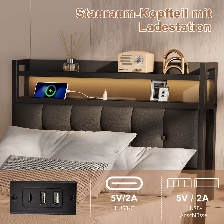 Anajqaqia Polsterbett mit hydraulischem Stauraum und Kopfteil mit Regal, Einzelbett in Schwarz, B/T: 90 x 200 cm - Bild 5