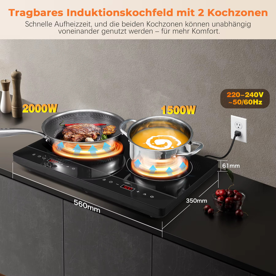 KICHPOWER Induktionskochfeld mit 2 Platten, 3500W, Schwarz, Glasoberfläche, Touch-Steuerung mit 10 Stufen, Timer und Kindersicherung, tragbar für Camping-Küche - Bild 2