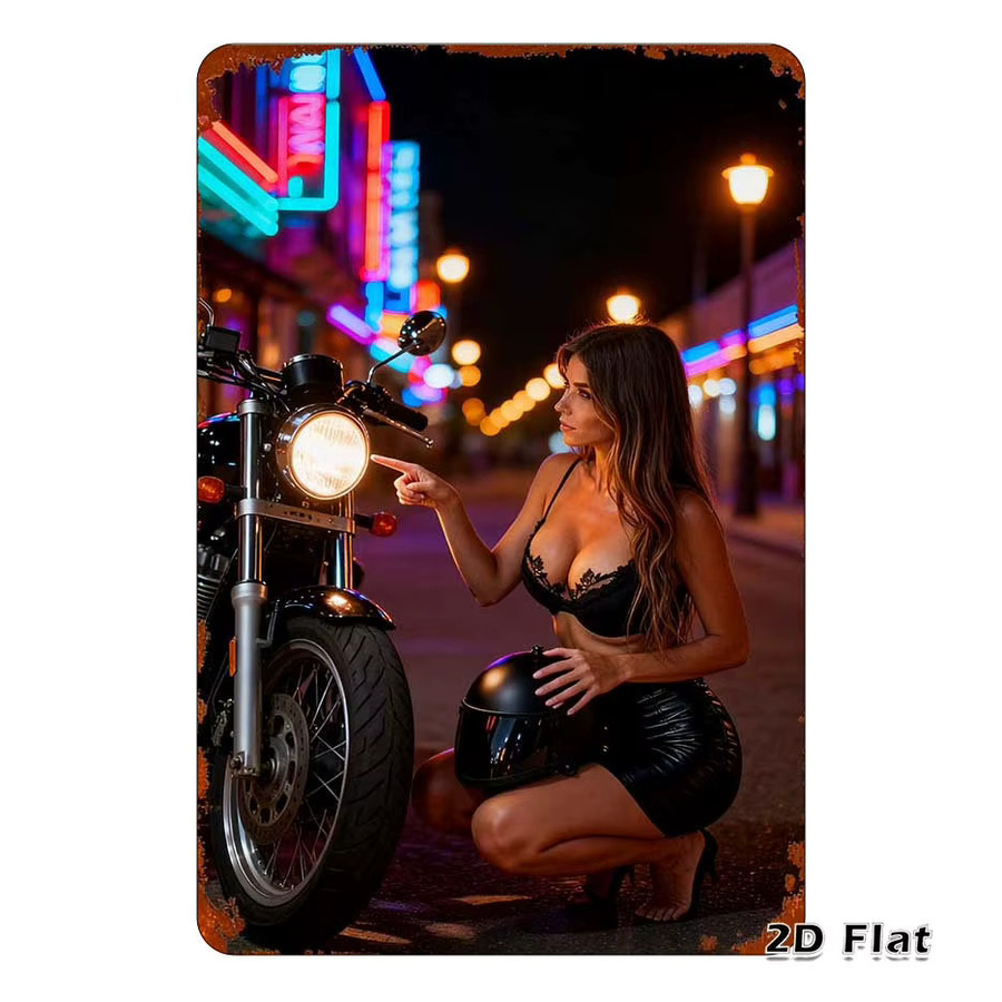 Vintage Metall-Blechschild CIFBUY mit Motiv einer eleganten Brünetten im Lederoutfit und Motorrad, Wanddekoration in Mehrfarbig, B: 30,0 cm, H: 20,0 cm - Bild 3