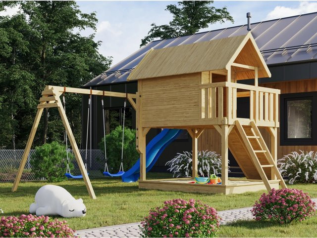 Karibu Stelzenhaus Fidel Natur mit Doppelschaukel und blauer Wellenrutsche - Bild 1