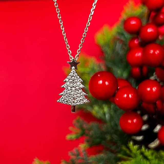 Huitan Halskette, Weihnachtsbaum Anhänger, Kristall, Perle, Silber, Damen, 40 cm - Bild 1