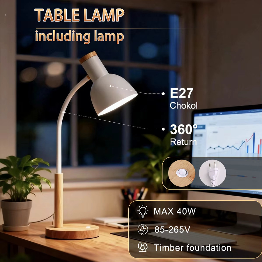 CANMEIJIA LED-Schreibtischlampe in Weiß mit E27-Fassung und austauschbarer Glühbirne, skandinavische Tischleuchte für Schlafzimmer und Home-Office - Bild 2