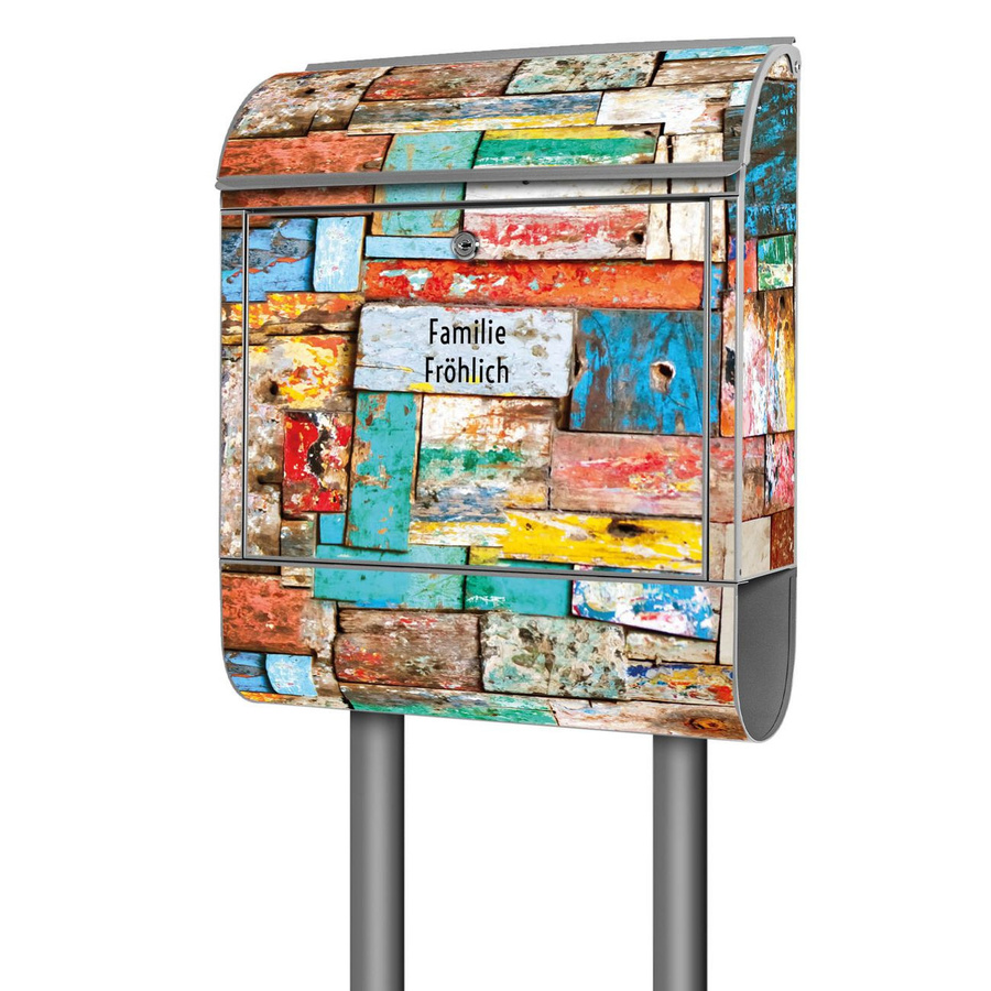 banjado Freistehender Briefkasten aus Stahl mit Zeitungsfach und Motiv Bunte Holzschindeln, Farbe: Grau/Mehrfarbig, B/T/H: 38 x 16 x 161,5 cm - Bild 1