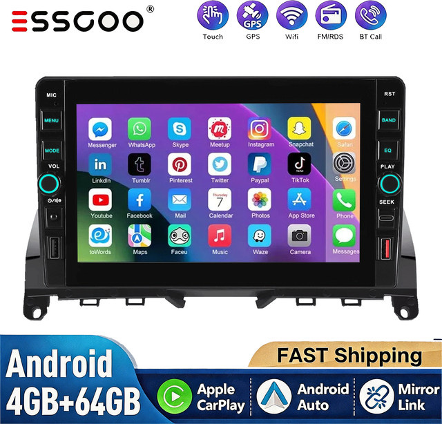 ESSGOO Android 15 Auto Multimedia Navigationssystem mit 9 Zoll Display, 4 GB RAM + 64 GB Speicher, GPS Radio, CarPlay und Wi-Fi für Mercedes-Benz C-Klasse W204 S204 (2006-2011), Schwarz - Bild 1