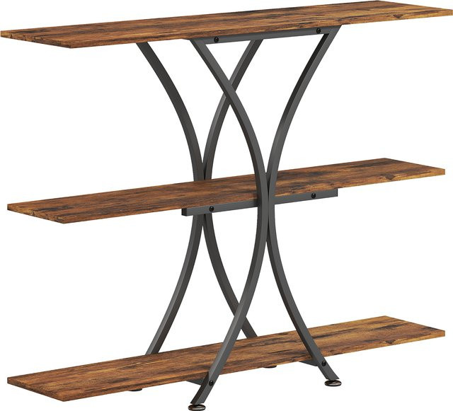 HOMCOM Konsolentisch im Industrial-Stil mit 3 Ebenen und X-förmigem Metallrahmen, schmaler Sofatisch mit 2 offenen Ablagen für Wohnzimmer und Flur, Rustikales Braun - Bild 1