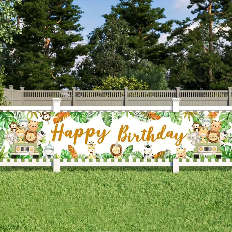 VIKAMA Banner mit Dschungeltier-Motiv und floralem Design in Mehrfarbig, ideal als Hintergrunddekoration für Babytaufe oder Kindergeburtstage, B: 180 cm, H: 35 cm, T: 35 cm - Bild 3
