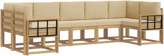 vidaXL Outdoor-Sofagarnitur in L-Form aus Akazienholz mit Kissen, 7-teilig, Weiß und Beige - Bild 1