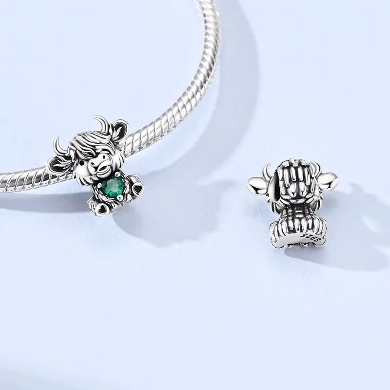 Parmuz Charm Anhänger 925 Sterling Silber, Perle, CZ Zirkon, Highland Kuh Herz, Damen - Bild 2