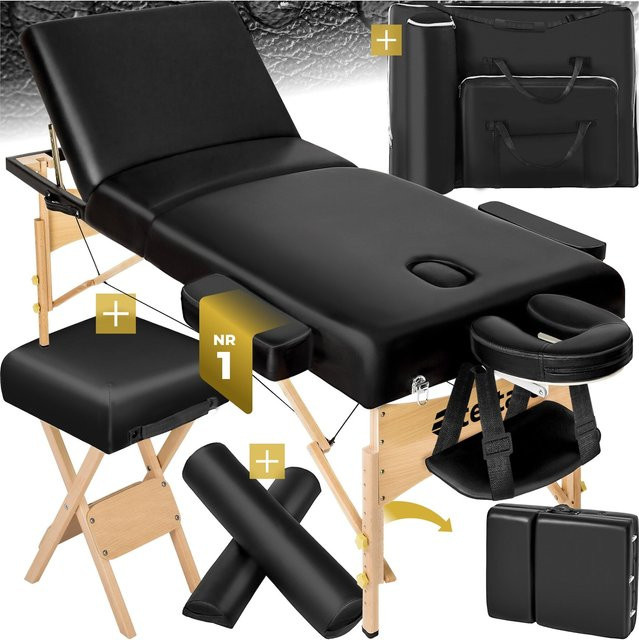 tectake 3 Zonen Massageliege-Set mit Holzgestell und Kunstleder in Schwarz, B/T/H: 218 x 102 x 90 cm, Breite: 70 cm - Bild 1