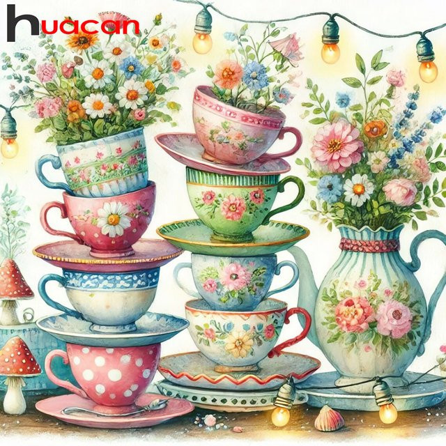 Huacan 5D Diamond Painting Set Blumenlandschaft in Mehrfarben, Rundes Mosaik-Stickerei-Set zur Wanddekoration - Bild 1