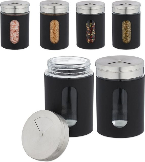 Relaxdays Gewürzstreuer 6er Set aus Glas und Edelstahl in Schwarz, drehbar, Höhe: 11 cm, Breite: 7 cm - Bild 1