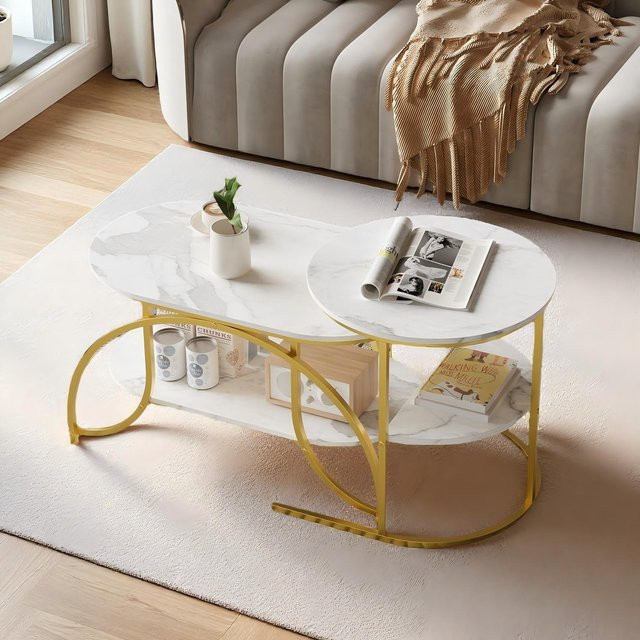 Rosahqnda Couchtisch mit Trennwand und Regalen aus Eisen, modern und glänzend, Weiß, Schwarz, Gold - Bild 1