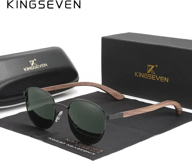 KINGSEVEN Sonnenbrille, Holz, Vollrand, Rund, Schwarz, Unisex, polarisiert, verspiegelt - Bild 1