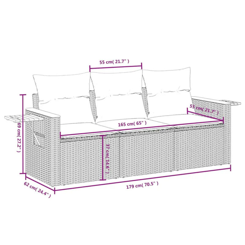 vidaXL 3-tlg Garten-Sofagarnitur aus Polyrattan in Schwarz mit Kissen und Armlehnen - Bild 4