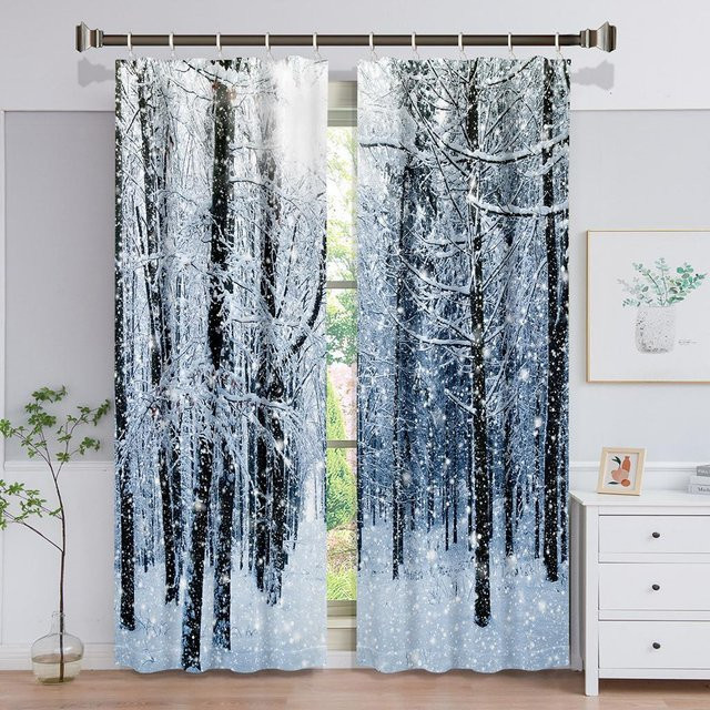 Yiran Furniture Semi-transparente Vorhänge mit Wald-Schneeszene in Weiß, 2 Stück inklusive Haken, B: 50 cm, H: 130 cm - Bild 1