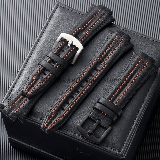 Uhrenarmband Leder, schwarz, orangefarben, Herren, 15 mm x 27 mm - Bild 1