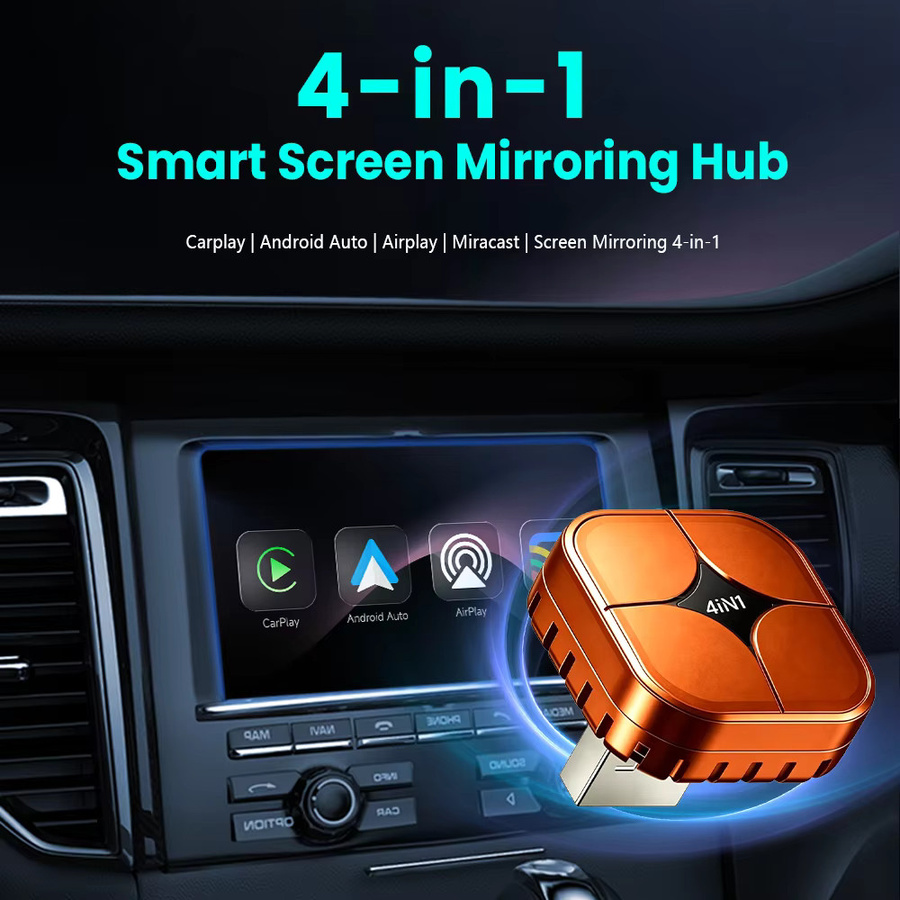 Tripodpie 4-in-1 Carplay Adapter: Kabelloser USB-Adapter für Android Auto und Mirror Link mit Bluetooth und Wi-Fi in Orange - Bild 3