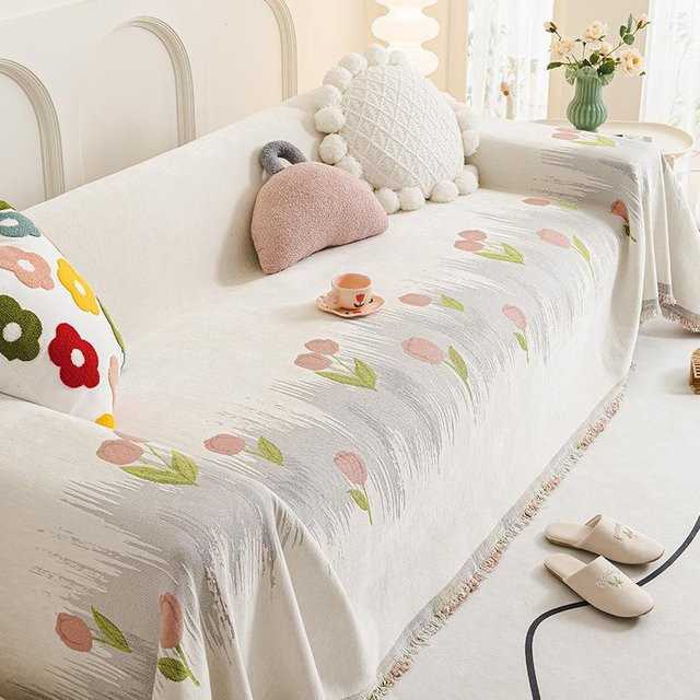 Super Six Chenille Sofadecke in Beige mit floralem Muster, B/T: 180 x 130 cm - Bild 1