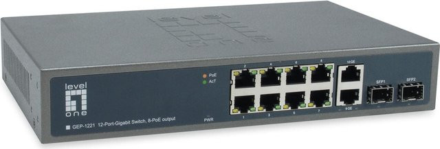 LevelOne GEP-1221 Unmanaged Switch mit 8 x 10/100/1000 PoE+ Ports, 2 x Gigabit SFP und 2 x 1000Base-T, 150 W PoE+ Leistung, Rackmontierbar, Schwarz/Grau - Bild 1