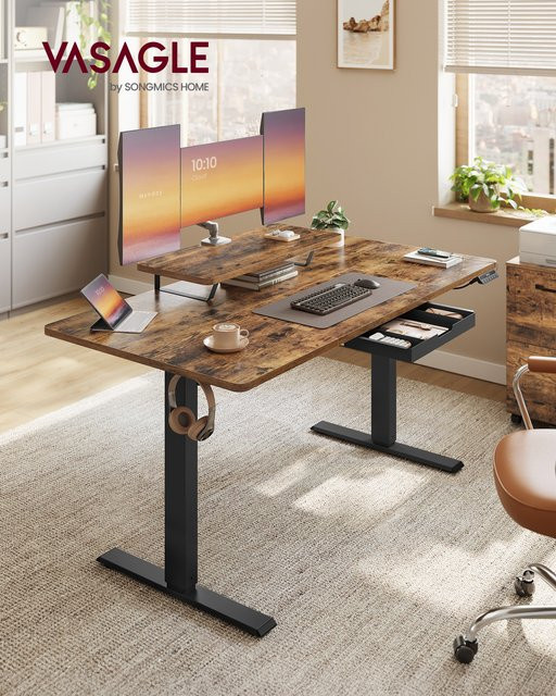 VASAGLE Höhenverstellbarer Schreibtisch in Braun mit Schublade und Monitorständer für dein Home-Office im Industrial-Design - Bild 1