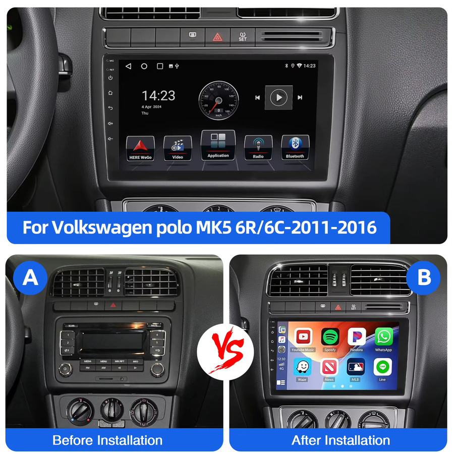 ESSGOO Android 15 Autoradio mit 9 Zoll Display, 4+64G, Wireless CarPlay, GPS, WiFi und Bluetooth für VW Polo MK5 6R 6C 11-16, Schwarz - Bild 3