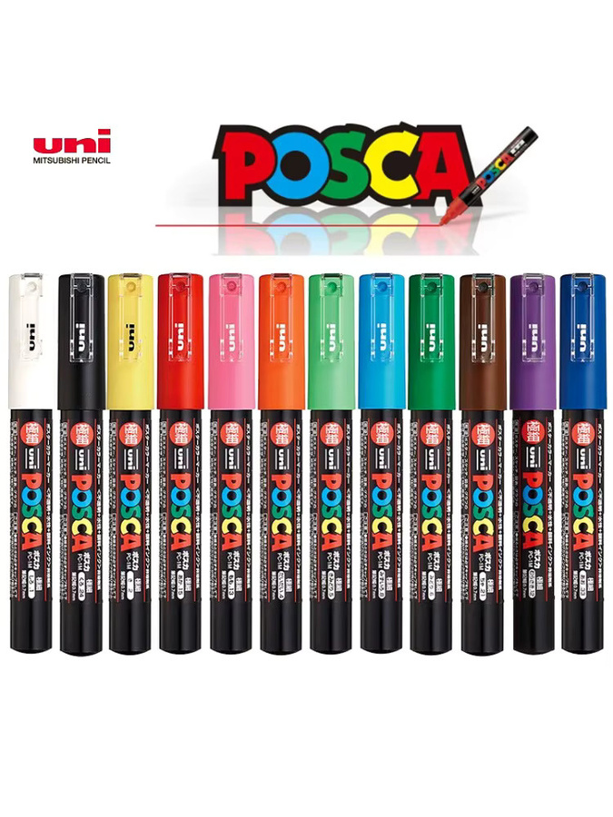 UNI POSCA Acrylmarker Set mit 12 Farben für Kunst, Malerei und DIY-Projekte auf Stoff und verschiedenen Oberflächen - Bild 5