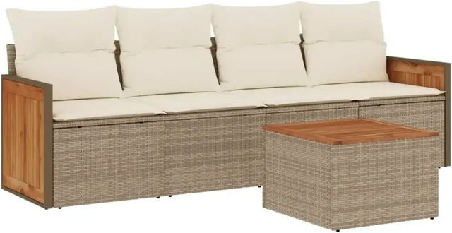 vidaXL 5-teilige Garten-Sofagarnitur aus Poly-Rattan und Akazienholz mit Kissen in Beige-creme - Bild 1