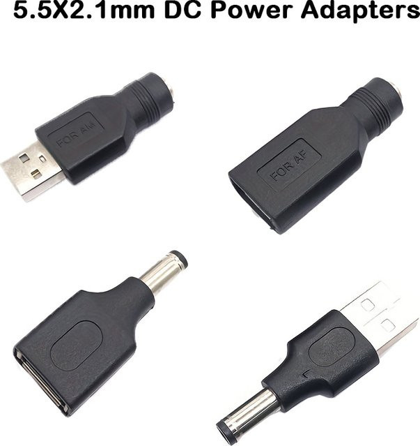 USB-A auf DC 5,5 x 2,1 mm Netzteil-Spitzenkabel mit männlichem und weiblichem DC-Klinkenstecker für 5 V, Schwarz - Bild 1