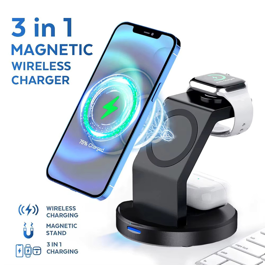 XIKCU Magnetisches kabelloses Ladegerät in Schwarz für iPhone, Apple Watch und AirPods - Bild 2
