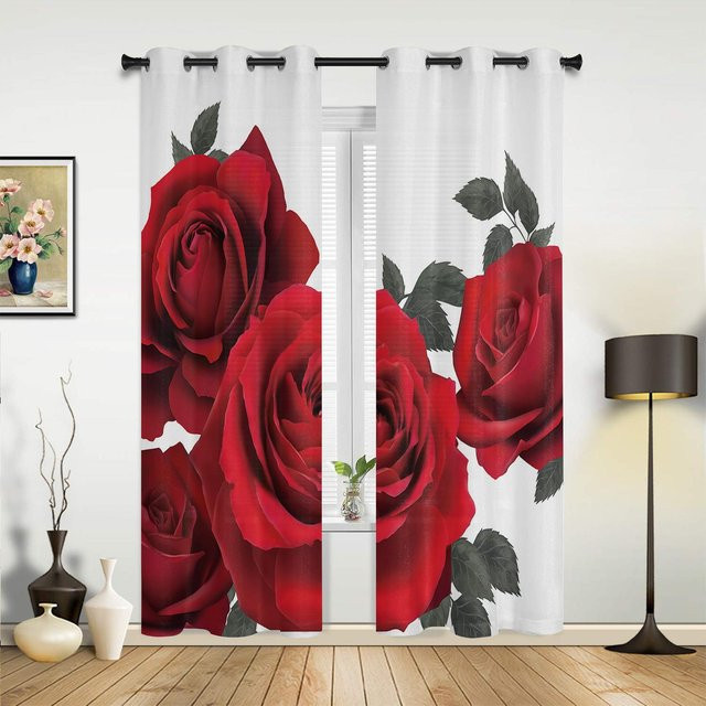 Moderne halbtransparente Vorhänge mit Pfingstrosen und Rosen Motiv in Weiß für Wohnzimmer, Schlafzimmer oder Küche, Breite: 135 cm, Höhe: 60 cm - Bild 1