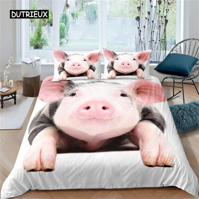 Binchi Bettwäsche Set mit Schweinchen-Motiv und floralem Design, Weiß, Polyester, B/H: 150 x 200 cm - Bild 1