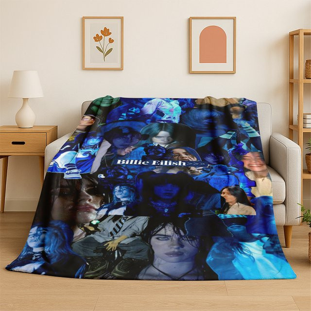 MINISO Billie Eilish 3D Flanell-Überwurfdecke aus Polyester in Pink und Blau, weiche und warme Decke für Bett, Wohnzimmer oder Reisen - Bild 1