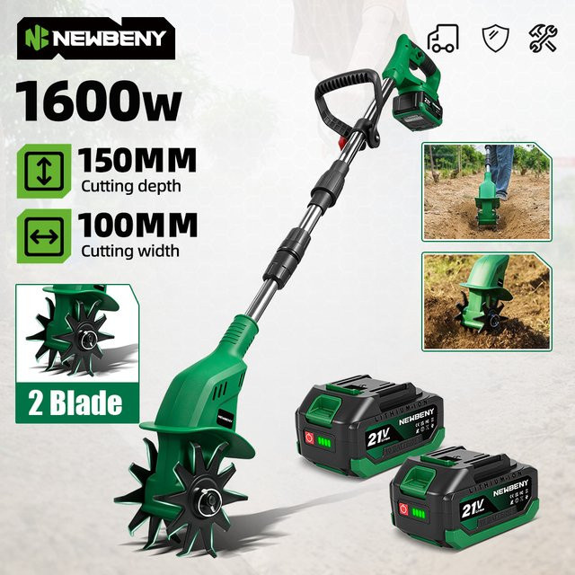 NEWBENY Elektrische Bodenfräse 1600W mit 150mm Fräsdurchmesser, Tragbarer Rasentrimmer und Bodenwender, kompatibel mit Makita LXT Akku, Farbe: Grün - Bild 1