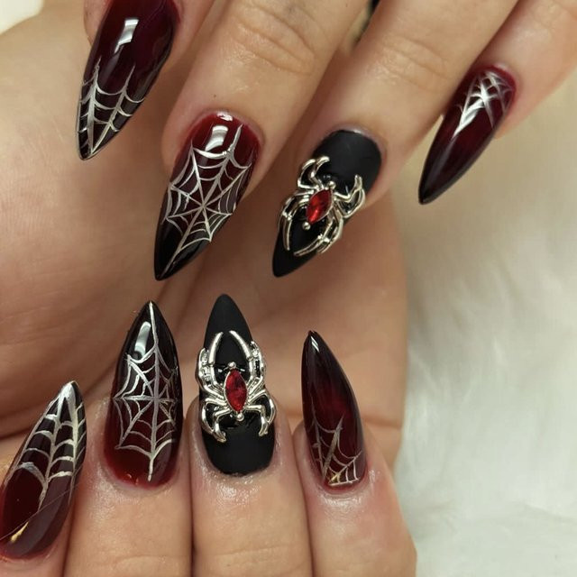 YADORNOS Press on Nails, Schwarz, Silber Spinne Design, 24 Stück, Unisex - Bild 1
