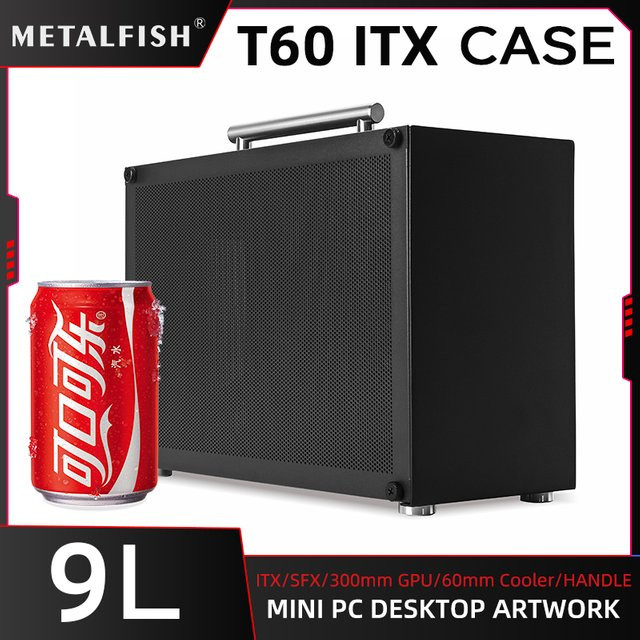 METALFISH T60 Mini ITX Gaming-Computergehäuse in Schwarz mit transparentem Design, kompakt mit 9L Volumen, unterstützt SFX PSU und bis zu 300 mm GPU - Bild 1
