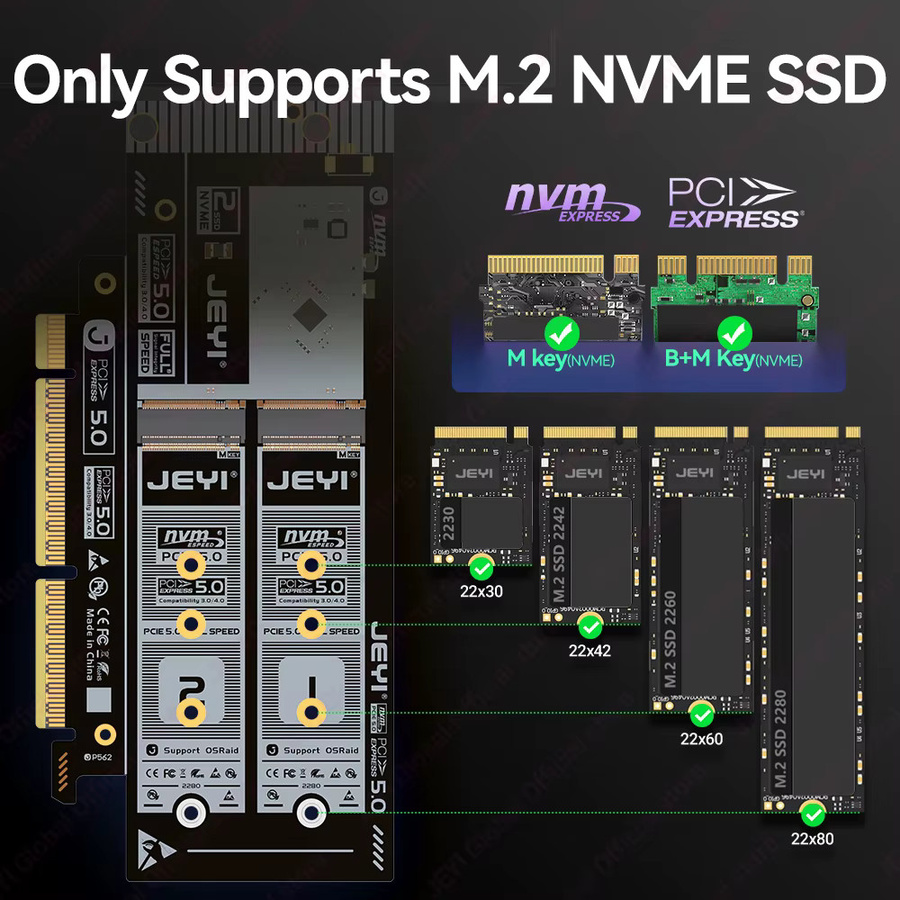 JEYI 2-Bay M.2 NVMe PCIe 5.0 Adapterkarte in Schwarz mit 256 Gbit/s Unterstützung für X16/X8 Steckplätze und Soft-RAID-0 für 2280/60/42/30 NVMe SSDs - Bild 2