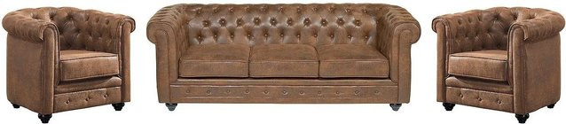 Vente-unique Chesterfield Couchgarnitur in Braun bestehend aus 3-Sitzer-Sofa und Sessel aus Mikrofaser und Kunstleder, Breite: 205 cm, Tiefe: 82 cm - Bild 1