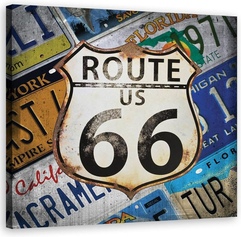 Feeby Leinwandprint Route 66 USA Vintage Typografie mehrfarbig quadratisch 30 x 30 cm - Bild 1