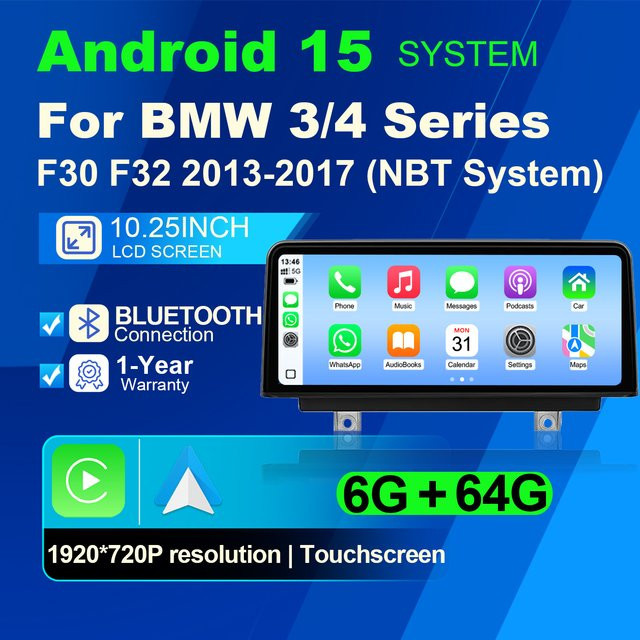 DMDNAVI Android 15 Carplay Auto-Multimedia für BMW 3/4 Serie F30 F31 F32 F33 F34 F35 F36 2013-2017 NBT System mit 10,25 Zoll Touchscreen, 6+64G, Qualcomm Chip, Schwarz - Bild 1