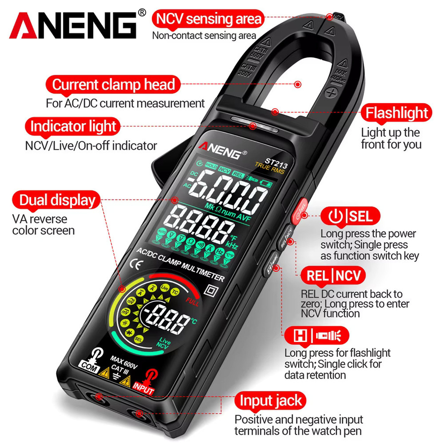 ANENG ST213 Smart Digital Multimeter Zangenmessgerät mit Dual-Display und berührunglosem Detektor in Schwarz - Bild 5