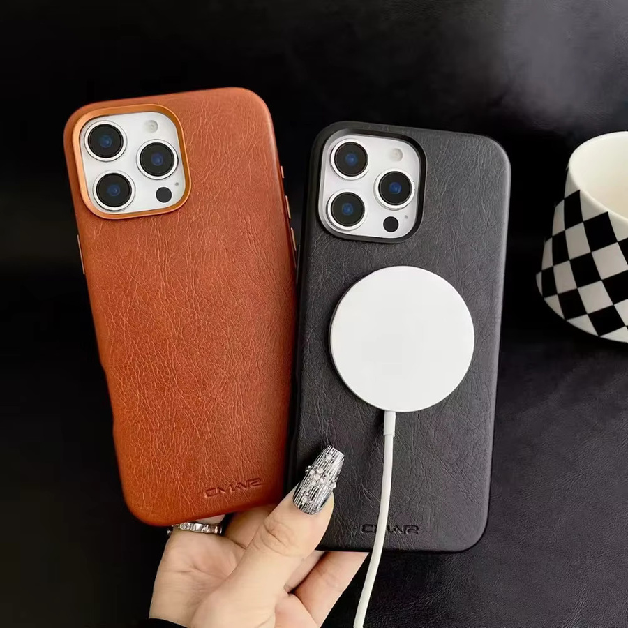 Business Sle Leder Textur Magnetische Hülle für iPhone 17 Pro Max 16 15 14 13 mit Wireless Charge und Alloy Lens Bumper Armor Cover in Schwarz - Bild 1