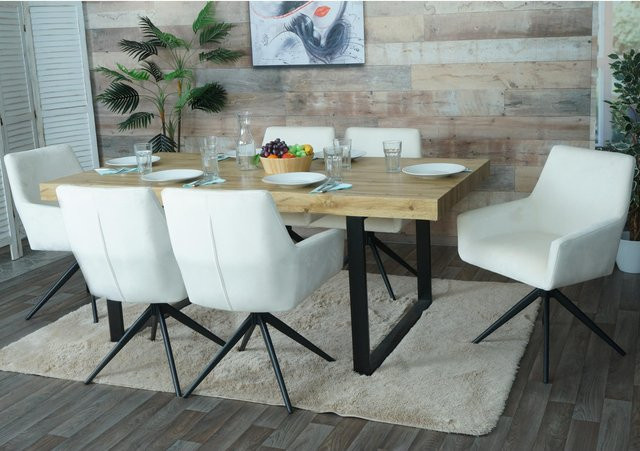 6er-Set Esszimmerstühle MCW-L91 mit Armlehnen und drehbarer Sitzfunktion aus Stoff in Creme-Beige - Bild 1