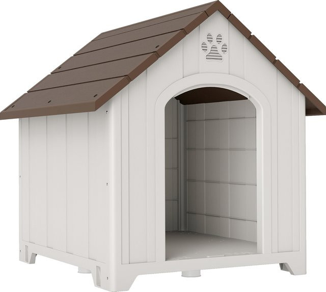 PawHut Hundehütte für draußen aus wetterfestem Kunststoff in Dunkelbraun mit Holzmaserungsoptik, B/T/H: 88 x 79 x 89 cm - Bild 1