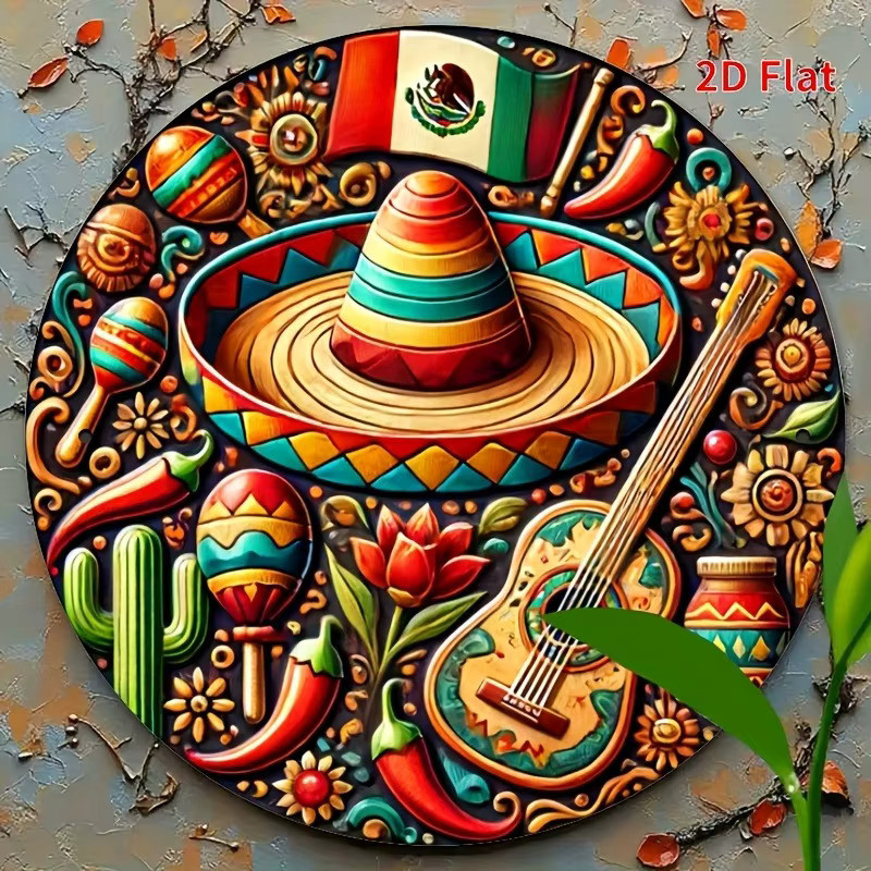 Runde Aluminium-Wandkunst von Potdemiel mit mexikanischem Ethno-Design und Blumenmotiven in Multicolour, Durchmesser: 20 cm - Bild 3